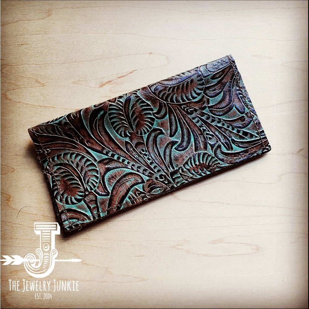 Embossed Leather Wallet in Turquoise Brown Floral